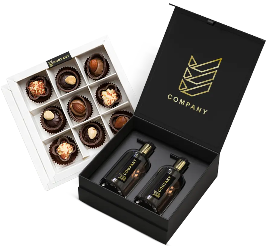Envase personalizado con bombones y la marca
